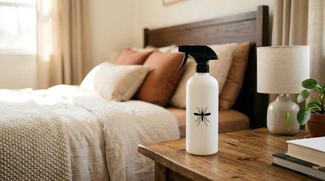 Mosquito repellent spray bottle on bedside table in bedroom, home protection against insects, clean living space hygiene, prevention from bites, indoor safety solution for comfortable healthy sleep 