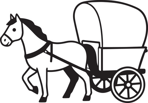 Horse-drawn covered wagon with large spoked wheels, vintage transportation line art black and white vector illustration
