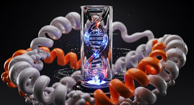 Illuminated D N A helix inside glass cylinder surrounded by orange and white spirals molecule science