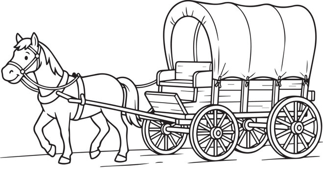 Horse-drawn covered wagon with wooden slat sides and canvas top, vintage historical sketch-style black and white vector illustration
