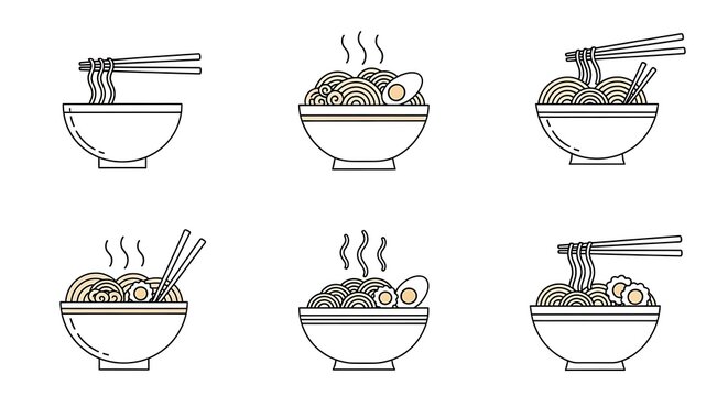 A minimalist illustration of six different bowls of ramen with chopsticks