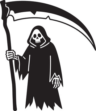 Grim Reaper with visible skull face beneath hooded cloak, wielding a large curved scythe &mdash; classic personification of death in bold black and white vector illustration
