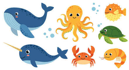 Cute Cartoon Sea Creatures Collection: Whale, Narwhal, Octopus, Crab, Shrimp, Turtle, Pufferfish © Kuwadi