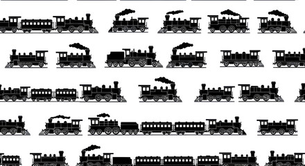 Obraz premium Seamless Pattern of Vintage Steam Train Silhouettes