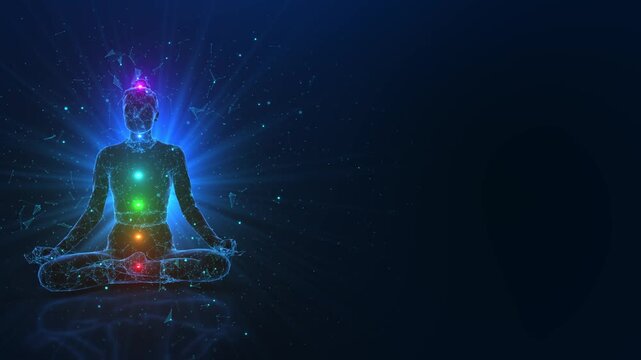 Meditating Woman Chakra Energy Points Digital Body meditation figure glowing chakra points structure mindfulness apps, yoga content, energy healing visuals, chakra balance modern spiritual technology