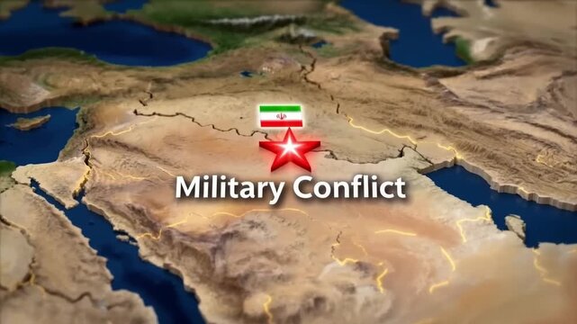 Map shows Iran highlighted with flag and red star icon. Text reads 'Military Conflict'. Desert terrain surrounds Persian Gulf and Arabian Peninsula. Suitable for news reports on regional tensions