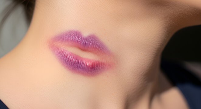 A vivid purple lipstick kiss mark left on the tender skin of a person's neck, subtly hinting at passionate moments and affectionate encounters