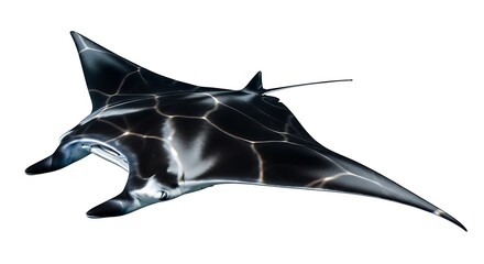 Fototapeta premium A sleek, black manta ray with a patterned skin, gracefully floating against a white background