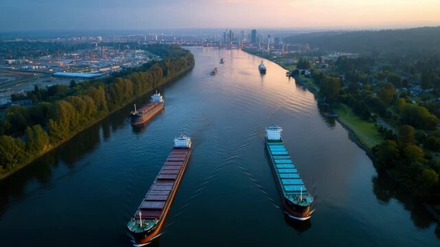 Aerial view of cargo ships moving along a river at sunset. Trees line both banks, reflecting in calm waters. City skyline glows behind the river. Suitable for logistics, transportation