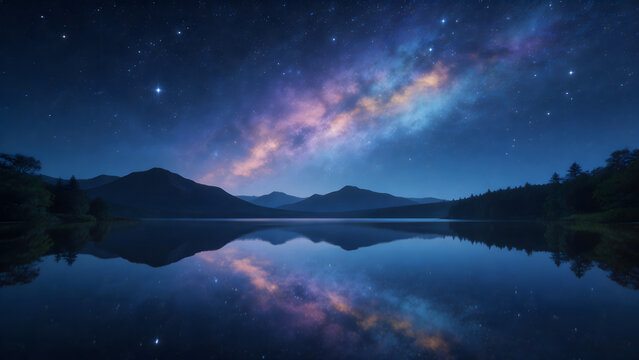Night sky with stars and mountain reflection