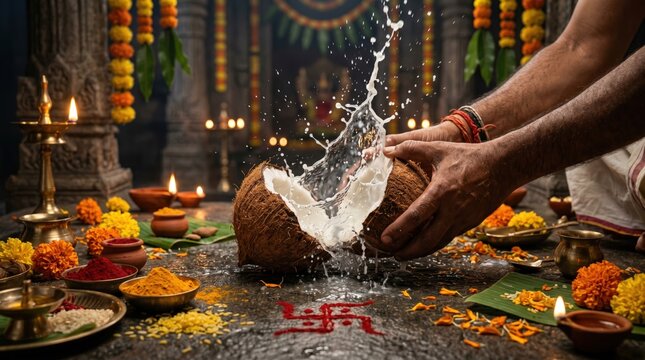 Sacred Indian ritual with a coconut being broken splashing milk amidst offerings of flowers turmeric and incense creating a powerful spiritual and devotional scene