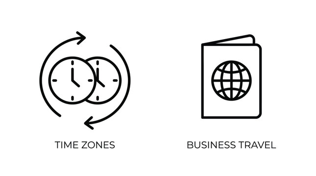 Business Travel Time Zones Vector Icon Set, Global Clock and Passport Illustration for International Business Travel