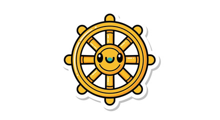 Fototapeta premium Cute Golden Ship Steering Wheel with Happy Face - Nautical Cartoon Icon
