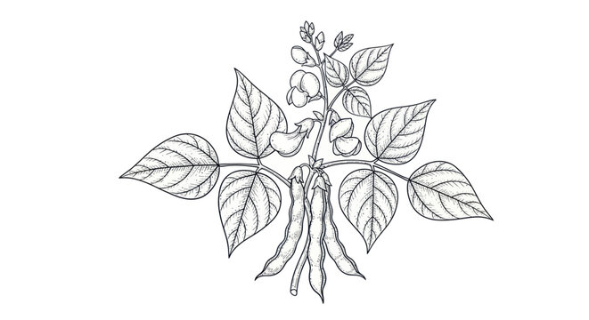 Botanical illustration of a bean plant with leaves, flowers, and pods, isolated on white