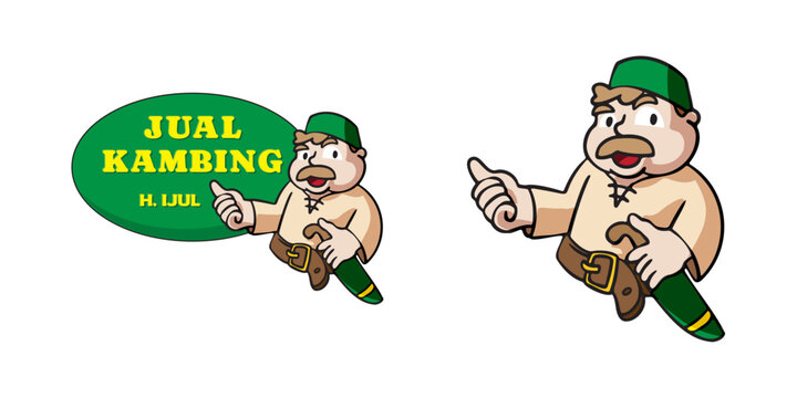 Cheerful Indonesian man mascot wearing traditional clothing and cap. Highly suited for Eid al-Adha greeting cards, livestock farm social media posts, and traditional agricultural business marketing.