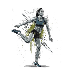 Fototapeta premium Female athlete performing a dynamic stretching exercise, stylized illustration