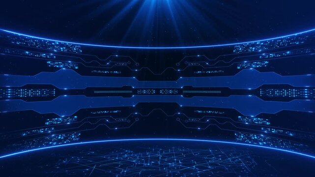 Futuristic Blue Digital Interface Background, holographic interface glowing data panels abstract technology floor grid corporate presentations, broadcast graphics, virtual studio scenes, innovation