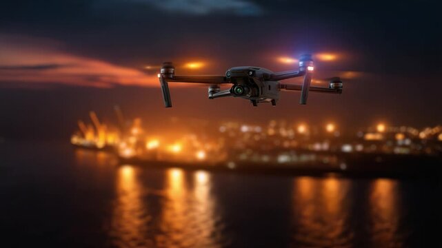 Drone hovers over glowing harbor at twilight. Lights reflect on calm water below. Cityscape glows softly in background. Perfect for logistics, travel, or tech themes