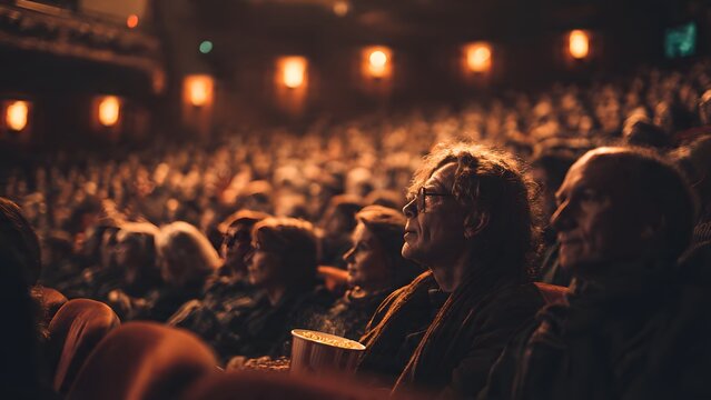 Crowd of people at a night concert with bright red lights and flames on stage
