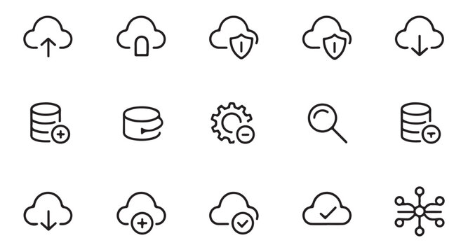 Black outline cloud and database icons representing web hosting services and data management with search symbols.