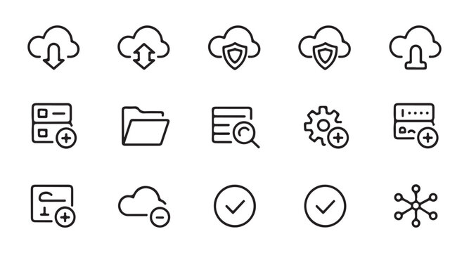 Linear icons for cloud storage and folder management showing security shields and data processing status symbols.