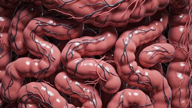 human torso showing small intestine coiling wide shot, dense intestinal network filling abdominal cavity, detailed digestion structure for medical education, anatomy study and healthcare concept use