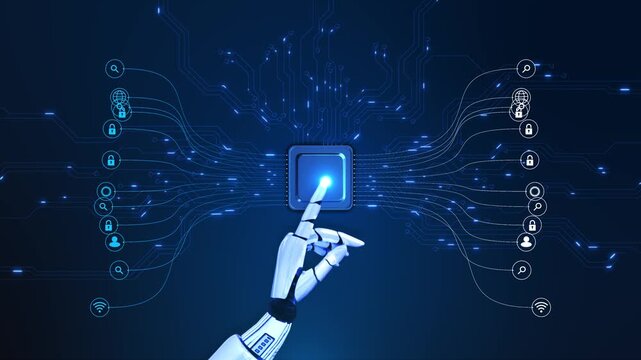 Futuristic robotic central processor glowing circuit network, AI systems intelligent decision making, automation advanced technology visuals, for data control, machine intelligence digital innovation