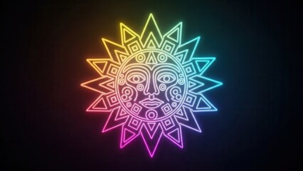 Fototapeta premium Vibrant glowing neon sun symbol with intricate geometric patterns radiating energy and colorful