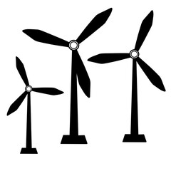 Silhouette of Three Wind Turbines on White Background © rahayu