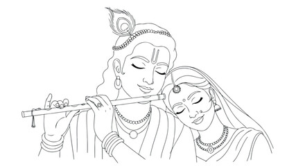 Obraz premium Line drawing of a man playing a flute with a woman beside him in traditional Indian attire with a serene mood against a clean white background.