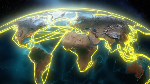 Earth rotates, glowing yellow lines connect continents. Global networks show worldwide communication flow. Suitable for business, travel, or tech presentations. Visuals emphasize global connectivity