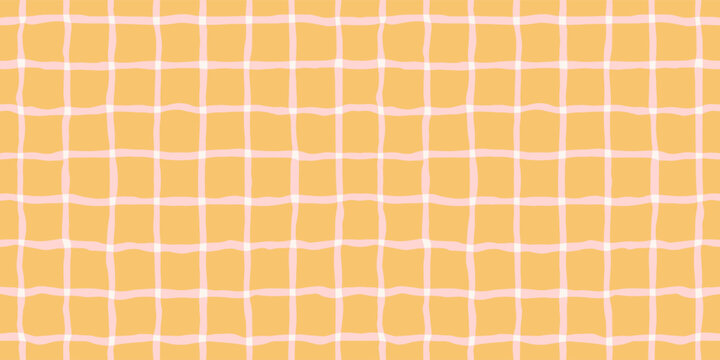 Preppy Plaid Seamless Pattern. Vector Hand Drawn Gingham Check Background in Vintage Cottagecore Style of Yellow and Pink Colors for Textile, Wallpaper, Packaging, Graphic Design