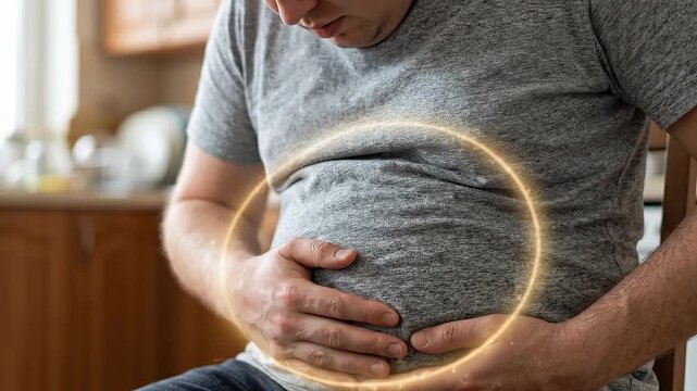 Gut health ibs man stomach pain male adult abdomen belly bloating torso digestive discomfort cramps gas distension sensitive gut relief diet stress triggers symptoms management support
