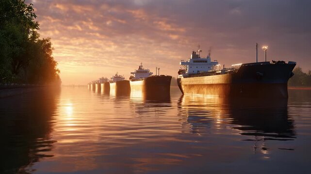 Sunrise bathes calm river in warm glow. Large cargo ships line up, reflecting in water. Stillness evokes peace, industry and nature blend. Ideal for logistics, environmental or travel themes
