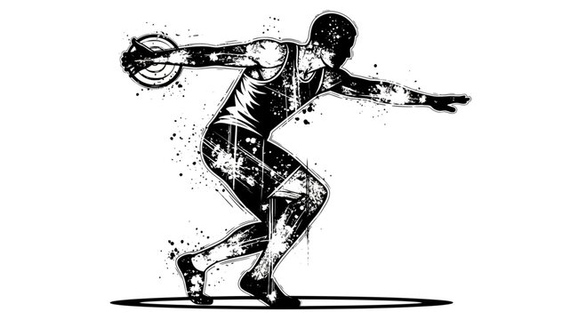 Discus thrower silhouette in action, dynamic ink splash effect