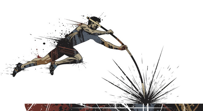 Dynamic pole vault athlete illustration with abstract splash effect