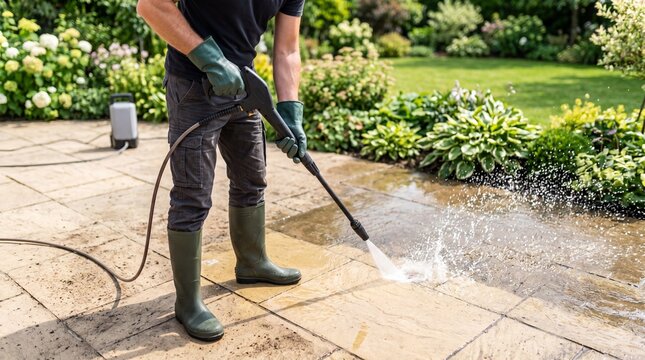 A worker in rubber boots and gloves uses a pressure washer to clean dirt from a stone patio in a sunny summer backyard garden.