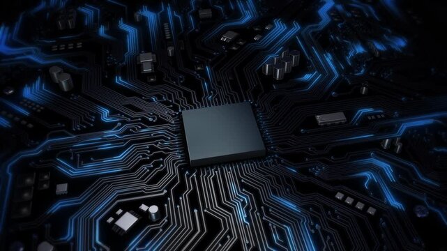 Futuristic Microchip Circuit Board Technology Digital blue neon lines representing data flow and processing power. Perfect for artificial intelligence, computing, electronics or technology visuals.