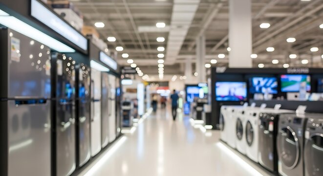 Blurred image inside a large electronics store. Refrigerators and appliances on display. People browsing