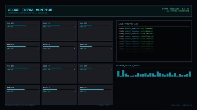 Cloud Infrastructure Monitoring Dashboard with Distributed Compute Cluster Node Loading Progress Bars and Network Latency Pulse Graphics.