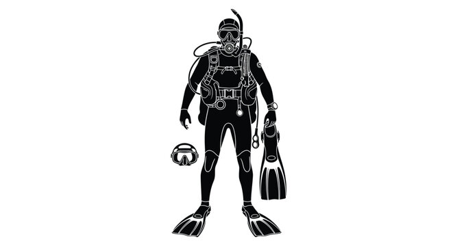 Scuba diver silhouette with diving equipment, including a wetsuit, mask, snorkel, fins, and buoyancy control device, professional underwater exploration gear for scuba diving sport
