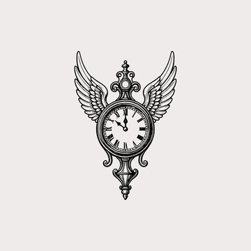 Vintage winged clock with roman numerals illustration