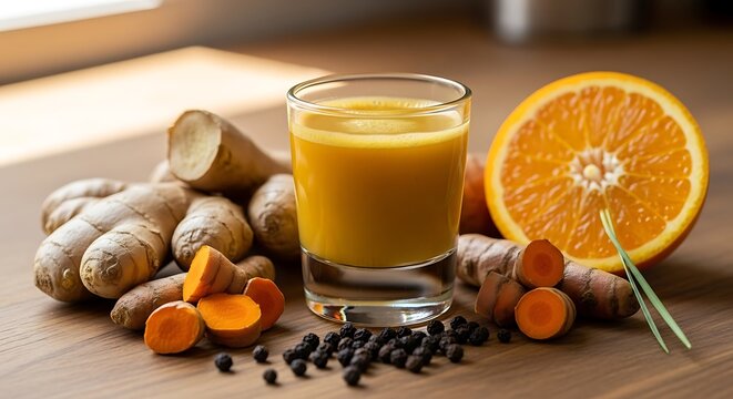 Bright, healthy drink shot with ingredients. Orange slice, turmeric, ginger, and peppercorns
