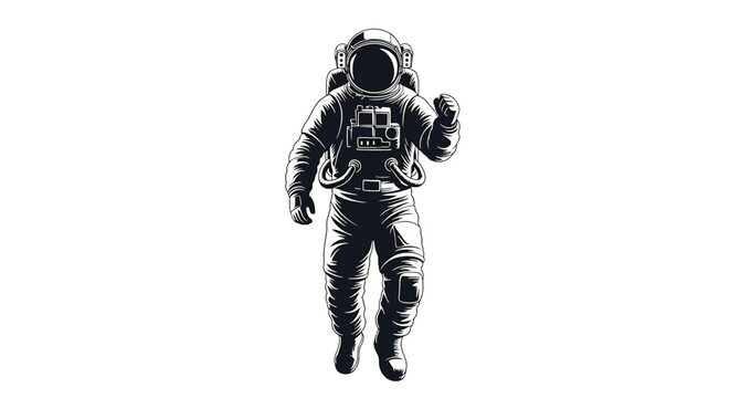 Illustration of an astronaut in a space suit floating in space, detailed monochrome drawing of a cosmonaut exploring, vintage style space travel concept art