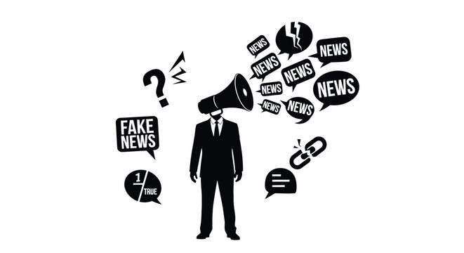 Concept of fake news and information overload a man in a suit with a megaphone instead of a head, surrounded by speech bubbles with news, question marks, broken links, and misinformation symbols