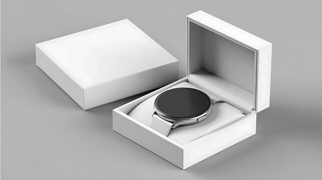 Elegant watch in open box on gray background