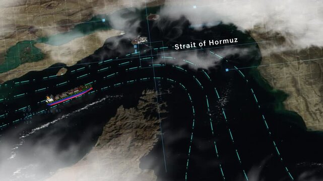 Strait of Hormuz with digital navigation lines and satellite map overlay, representing global energy transport, maritime logistics, and strategic shipping routes.