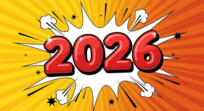 Red 2026 numbers in comic book explosion on yellow orange background year future