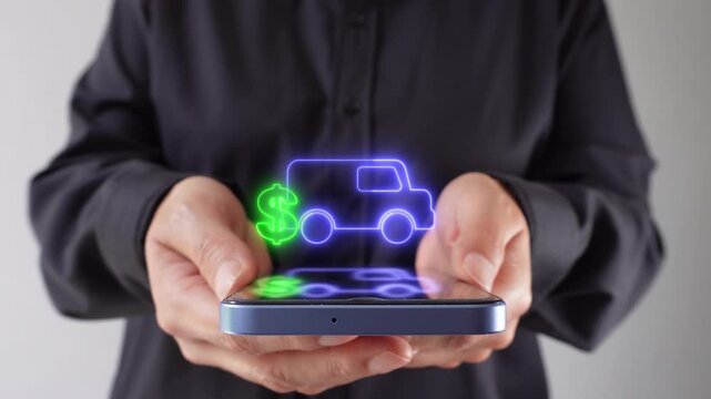 Delivery and finance operations. Businesswoman holding her smartphone with a virtual van icon and a money sign