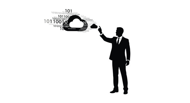 Silhouette of a businessman pointing at a cloud computing icon made of binary code